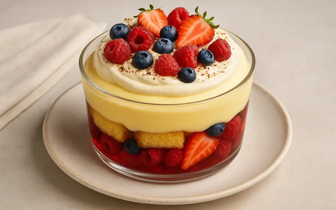 Traditional British trifle with fruit, sponge, custard, jelly and whipped cream, shown in Donzella Wines’ UK guide explaining what wine goes with Trifle