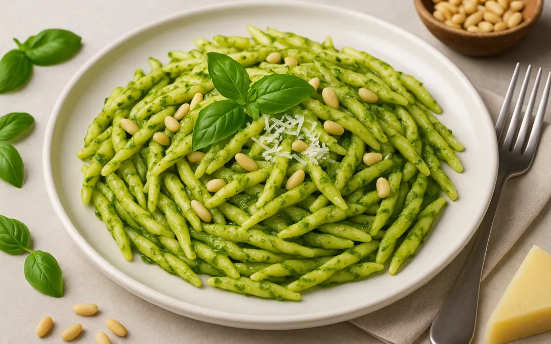 Twisted trofie pasta with fresh basil pesto, pine nuts and Parmesan, shown in Donzella Wines’ UK guide explaining what wine goes with Trofie al Pesto