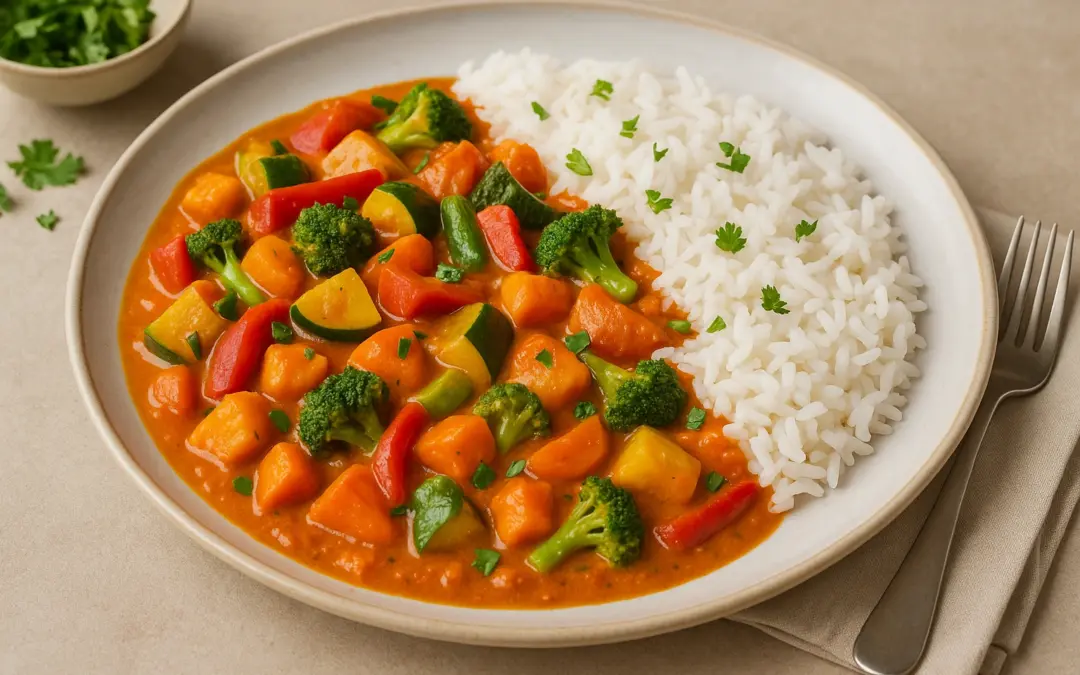 Colourful vegetable curry with tomato-coconut sauce, herbs and rice, photographed for Donzella Wines’ UK Italian wine pairing guide to Vegetable Curry