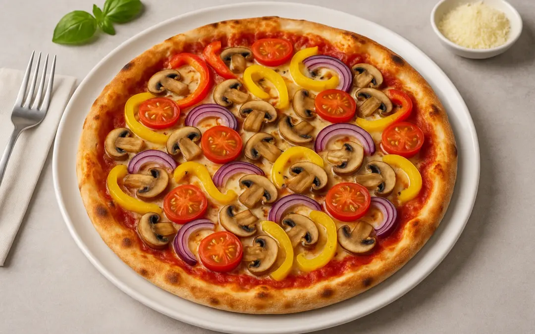 Vegetable pizza with peppers, mushrooms, red onion, tomato and mozzarella, shown in Donzella Wines’ UK guide explaining what wine goes with Vegetable Pizza