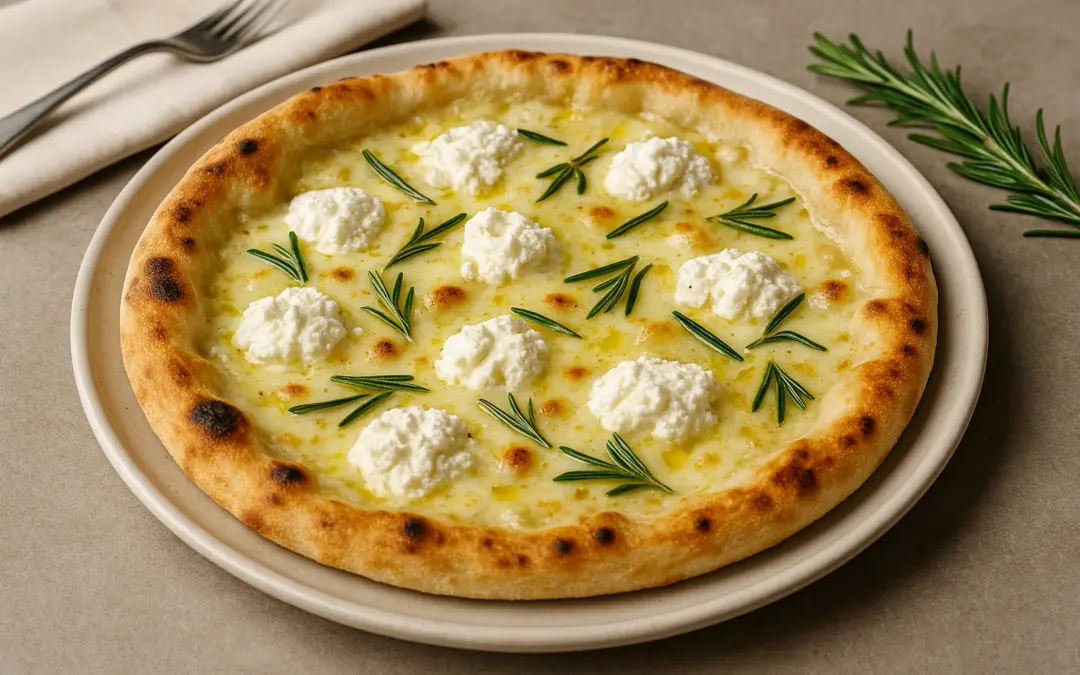 White pizza with mozzarella, ricotta, olive oil and rosemary, shown in Donzella Wines’ UK food and wine pairing guide for White Pizza