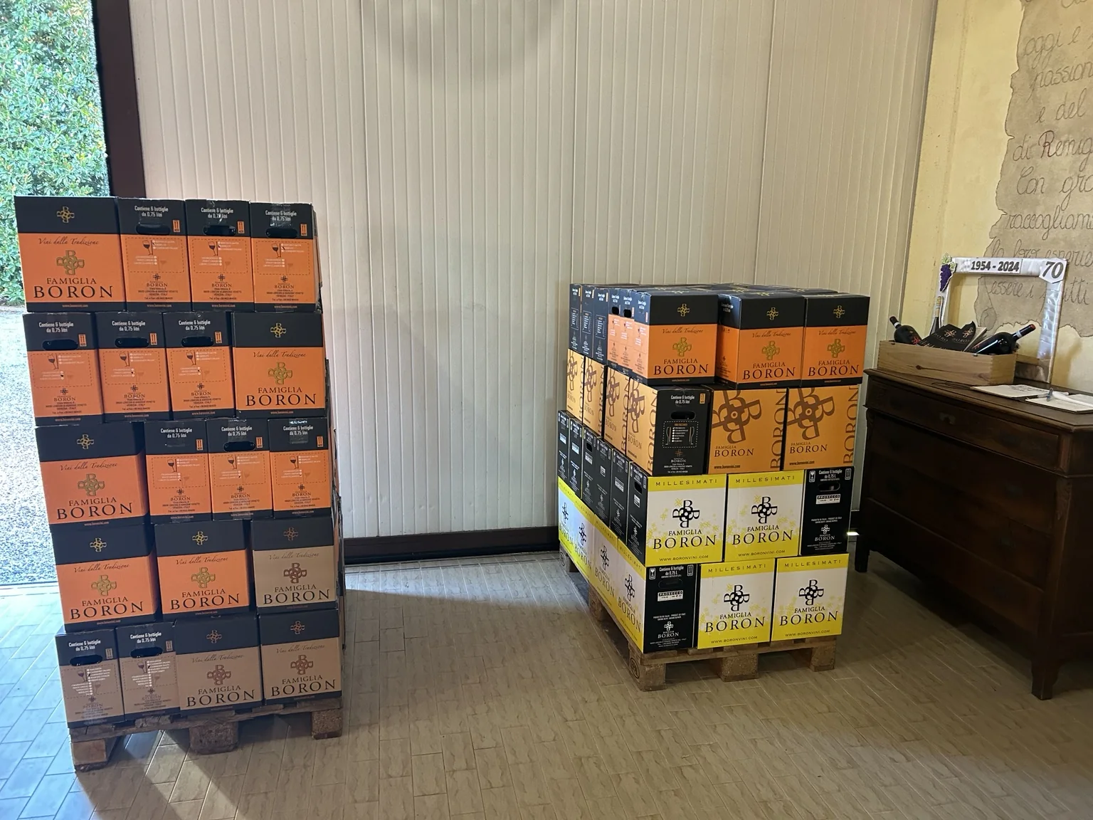 Two pallets of Famiglia Boron wine ready for collection at the winery